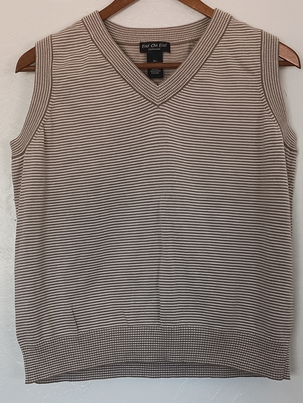 End On End 100% Cotton XL Striped Knit Sleeveless Sweater Vest Tan White Woman's